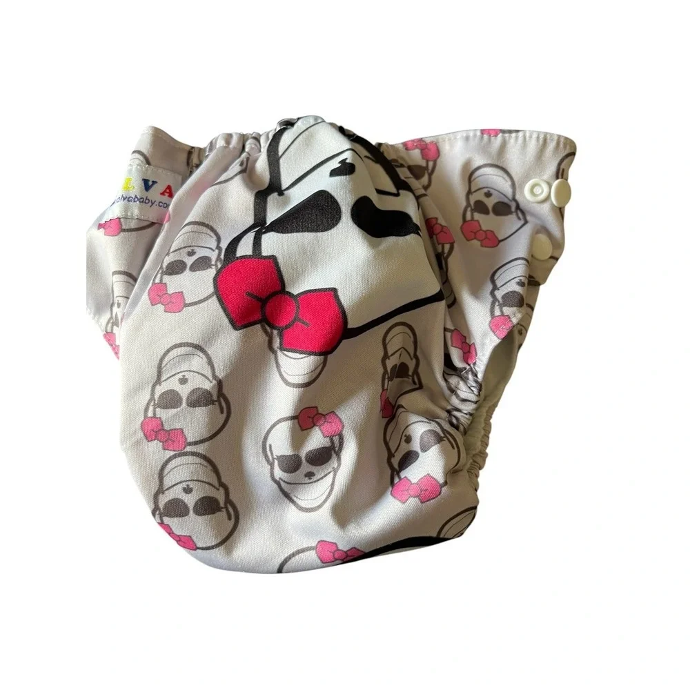 Alva Baby Reusable Pocket Cloth Diaper - White Skull Pink Bow with Gray Liner